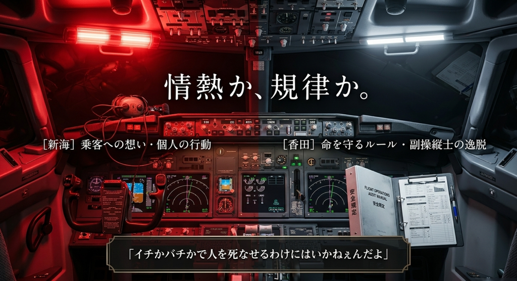 新海の情熱と香田の規律を対比し、航空安全をめぐる二人の価値観を示したスライド
