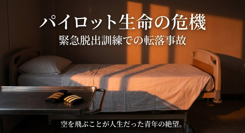 緊急脱出訓練での転落事故によって新海元がパイロット生命の危機に直面する場面を示したスライド