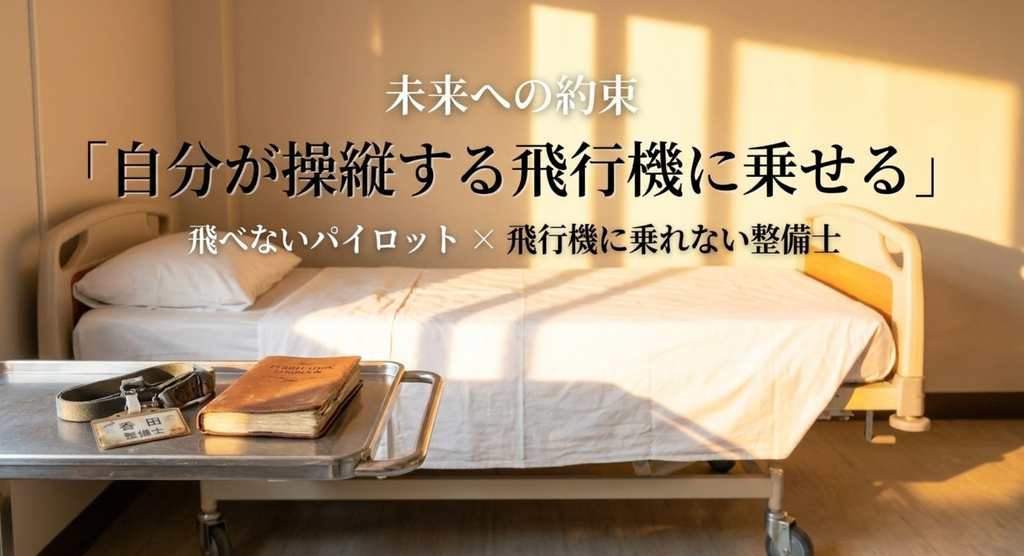 飛べない新海元と飛行機に乗れない緒川歩実をつなぐ未来への約束を示したスライド