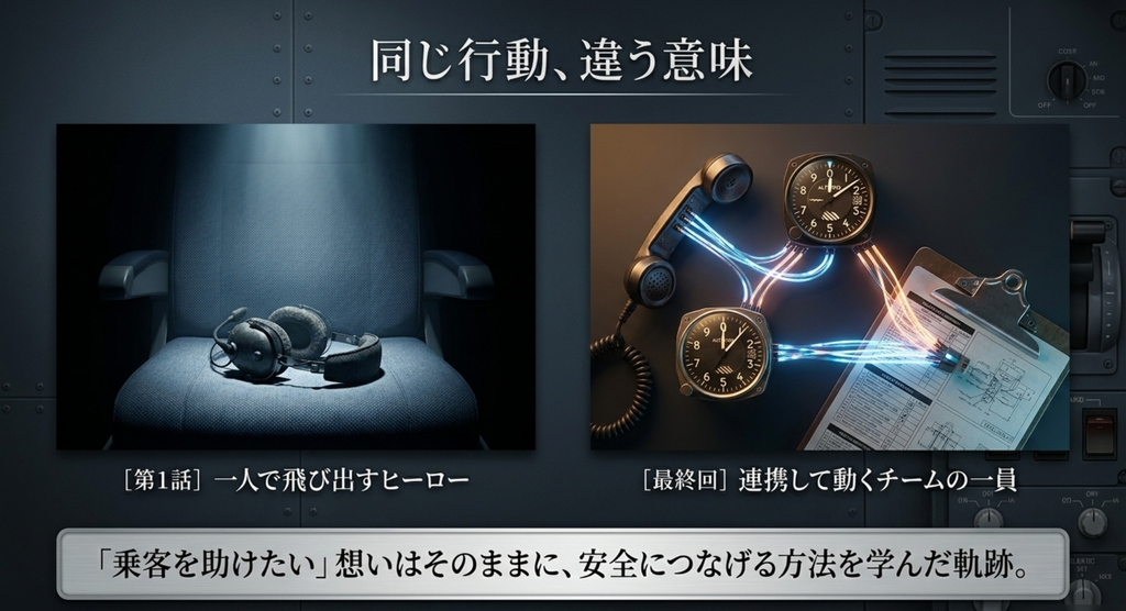 第1話の独断行動と最終回のチーム連携を比較し、新海元の成長を示したスライド