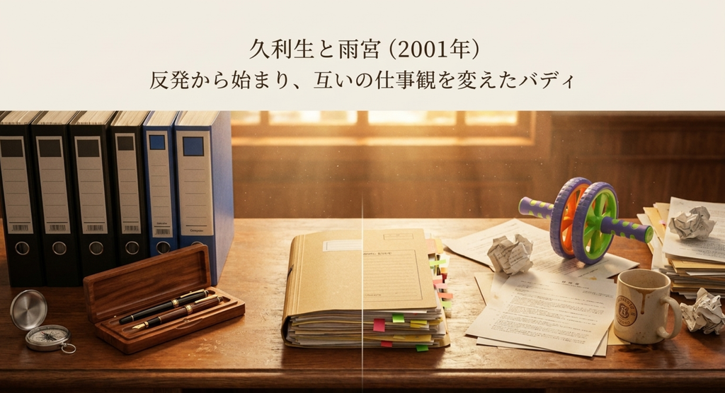 2001年版『HERO』で久利生公平と雨宮舞子が反発しながら互いの仕事観を変え、信頼を築いていく関係を表したスライド
