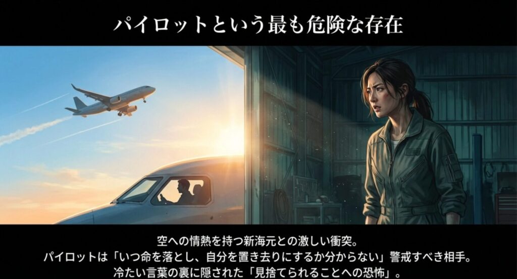 飛び立つ飛行機を見上げる整備士・緒川歩実とパイロットへの警戒心