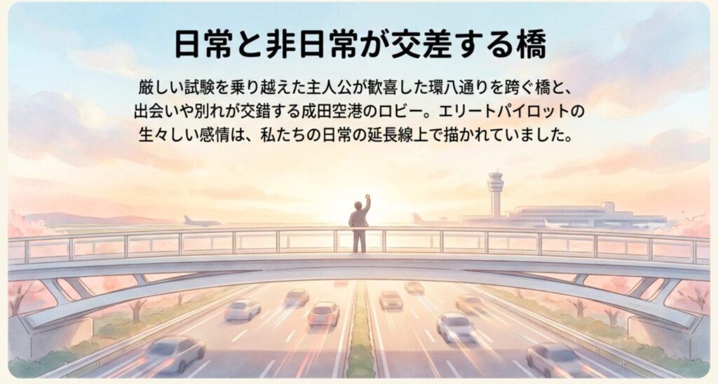 日常と非日常が交差する橋と成田空港ロビー