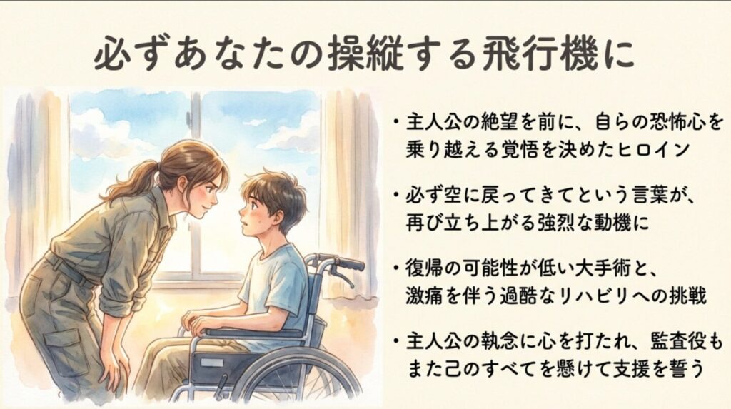「私が必ずあなたの操縦する飛行機に乗るから、約束を守って。絶対に空に戻ってきて」と力強く語りかけます