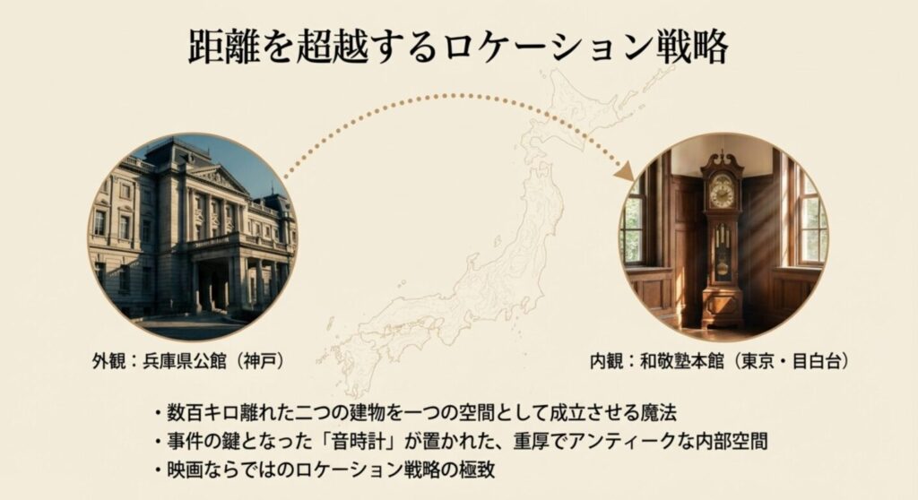ネウストリア公国大使館の内部ロケ地である和敬塾本館と音時計