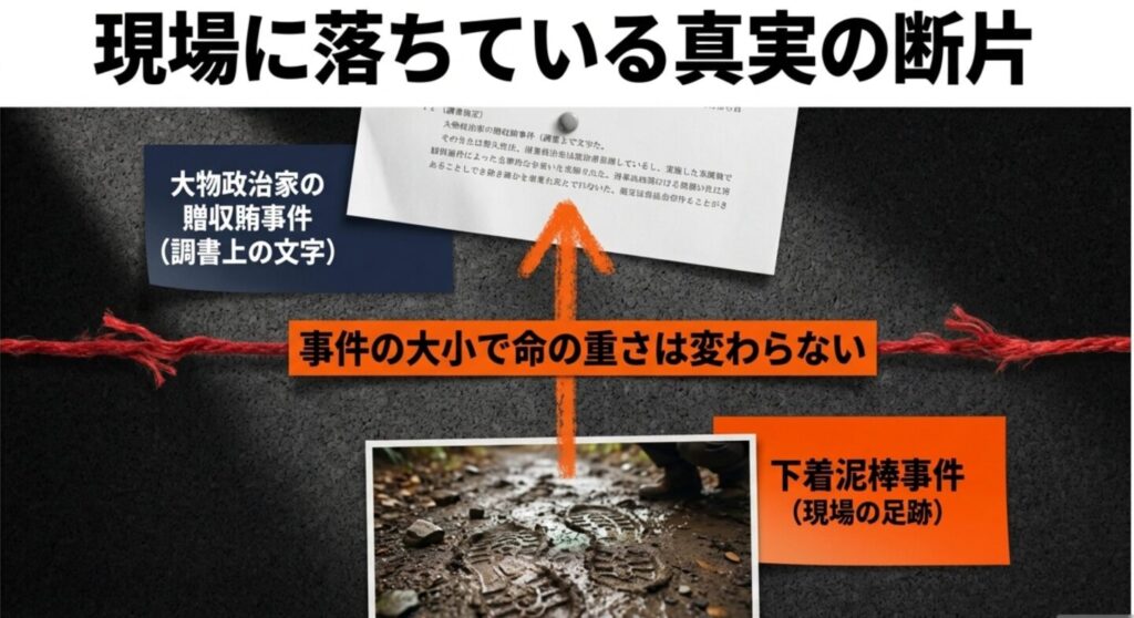 事件の大小に関わらず現場に残された真実の断片を追う泥だらけの足跡