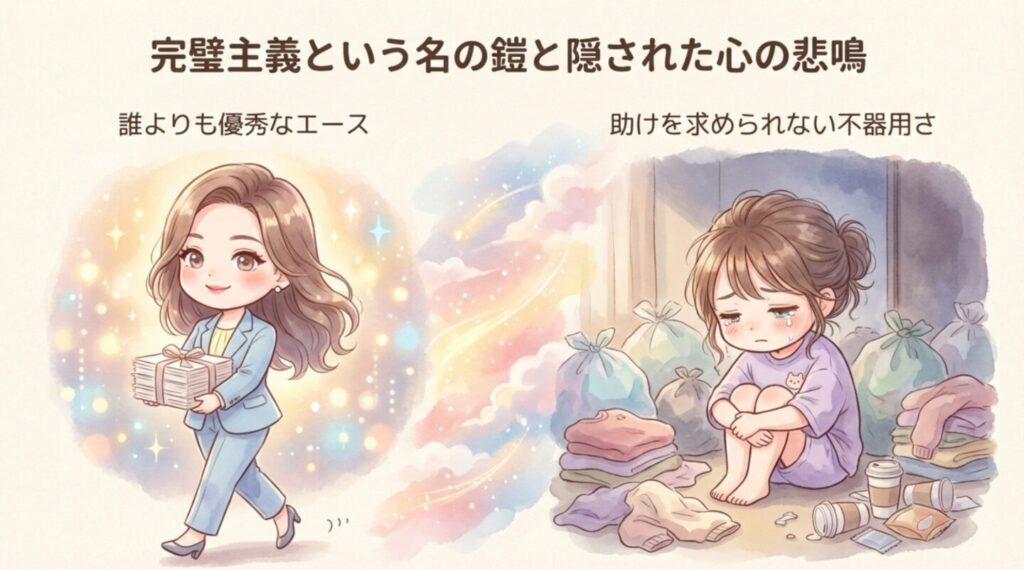 完璧な営業ウーマンの姿とゴミ屋敷で泣くメイのギャップを描いたイラスト