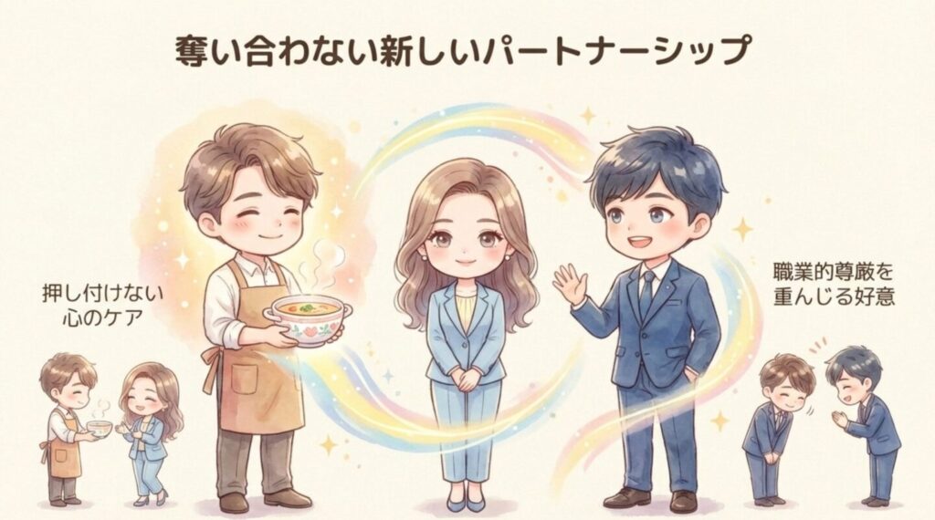 私の家政夫ナギサさんの主要キャスト3名（メイ、ナギサ、田所）のイラスト