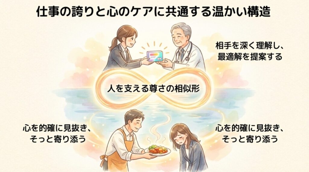 医師に薬を提案するメイの姿。人を支える仕事の尊さを表したイラスト