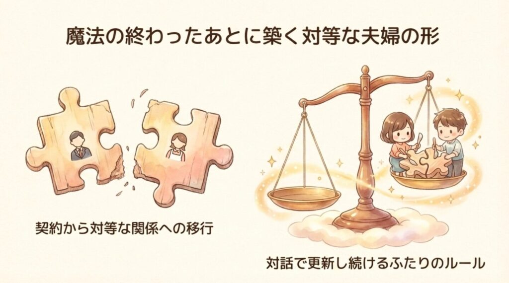 パズルのピースや天秤を用いて、対等な夫婦関係を築く様子を描いたイラスト