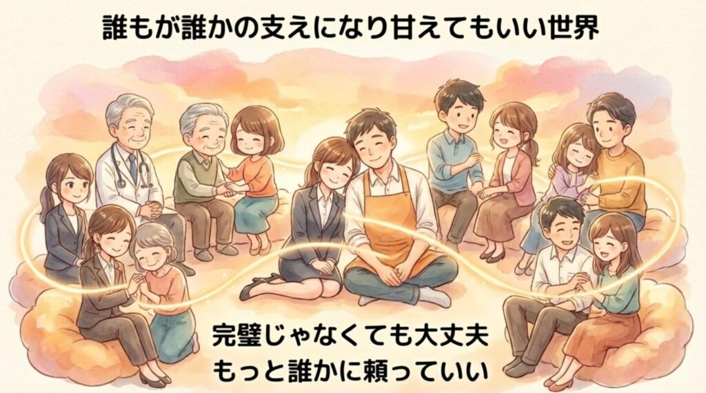 完璧じゃなくても大丈夫、もっと頼っていいというドラマのメッセージを伝えるイラスト