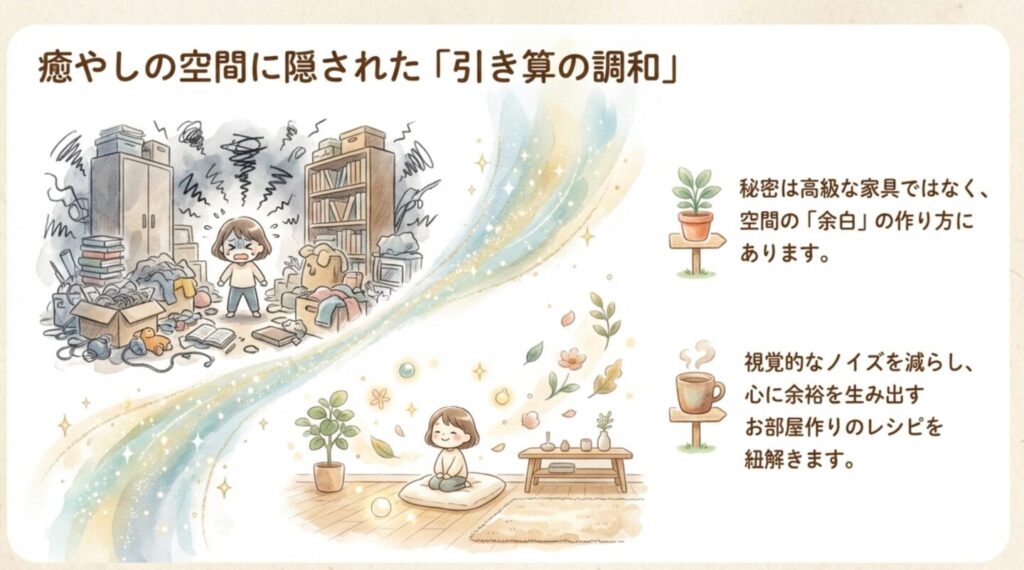 散らかった部屋から引き算の調和で余白を生み出すイメージ