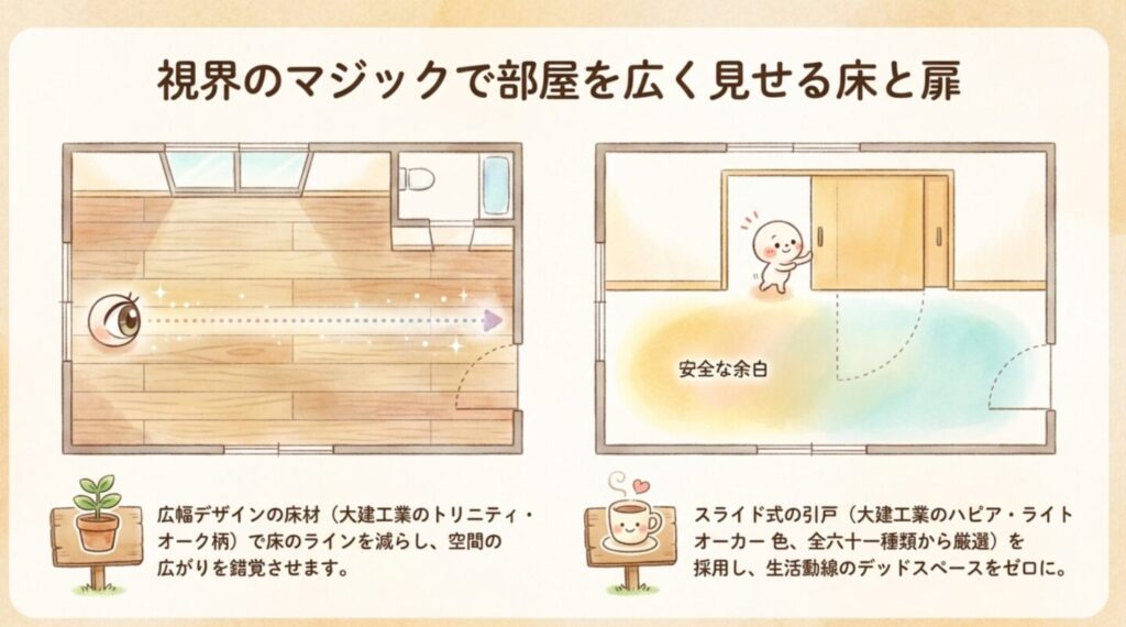 広幅デザインの床材とスライド式の引戸による視覚的拡張効果