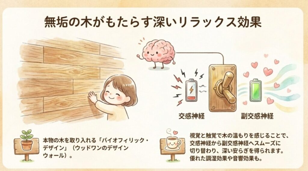 無垢の木を取り入れたバイオフィリック・デザインによるリラックス効果