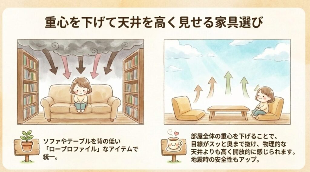 重心を下げたロープロファイル家具で天井を高く見せる工夫