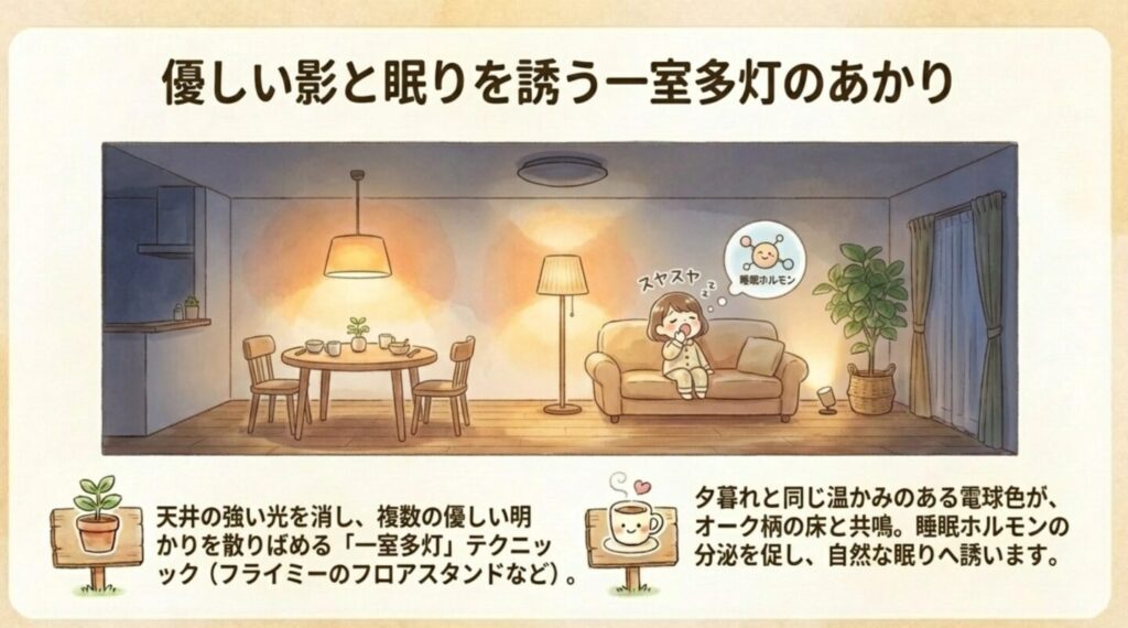 睡眠ホルモンの分泌を促す一室多灯と電球色の照明計画