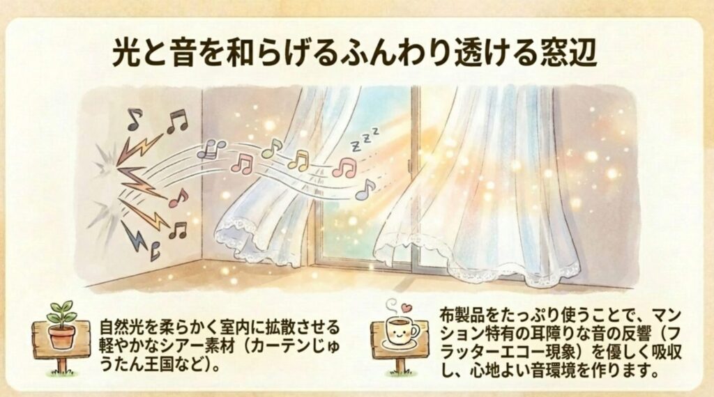 シアー素材のカーテンによる光の拡散とフラッターエコー現象の軽減