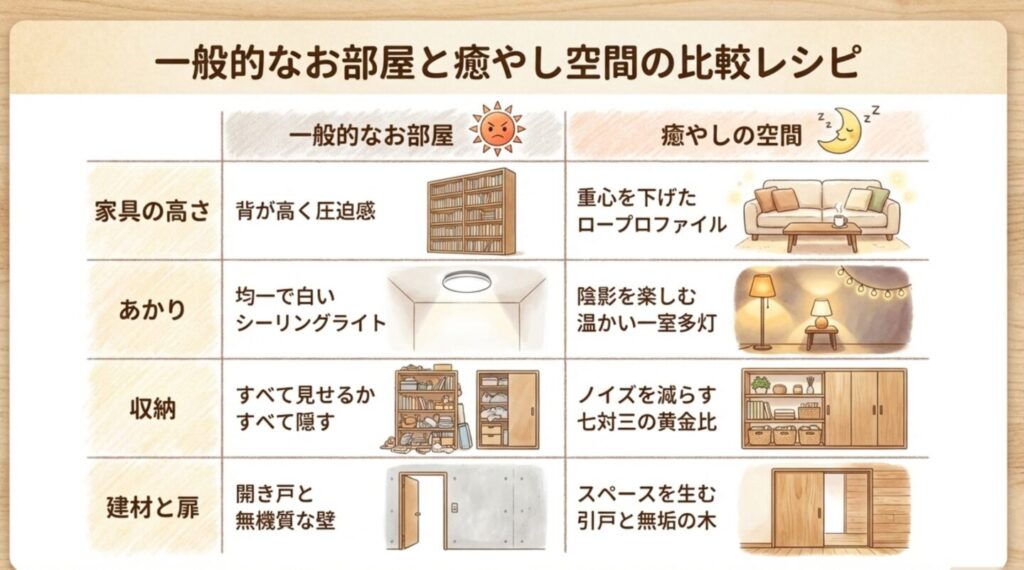 一般的なお部屋と癒やし空間の比較表