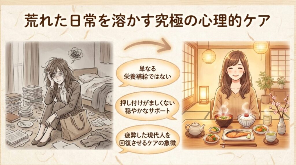 荒れた部屋で疲弊するバリキャリ女子のイラスト