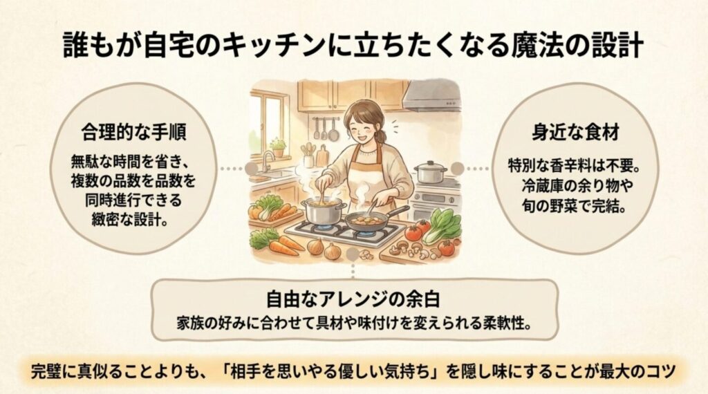 自宅のキッチンで楽しく料理をする女性のイラスト