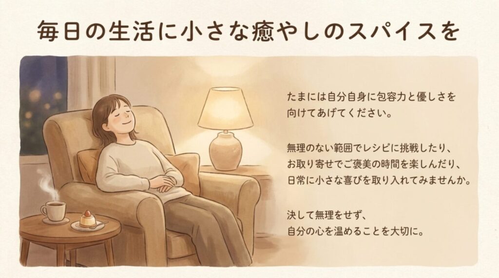 コーヒーとスイーツでリラックスする女性のイラスト