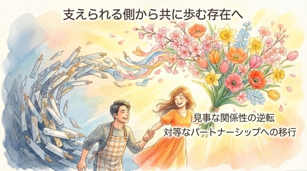 見事な関係性の逆転と対等なパートナーシップへの移行