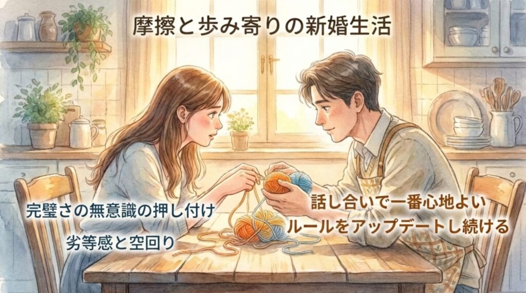 新婚生活の摩擦と話し合いで心地よいルールをアップデートする様子
