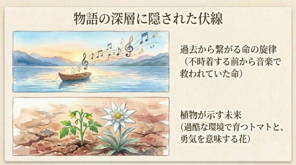 過去から繋がるピアノの旋律やトマト、エーデルワイスなどの伏線