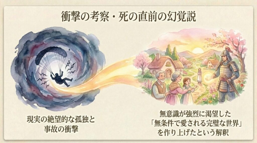 パラグライダー事故の衝撃から無意識が作り上げた死の直前の幻覚説