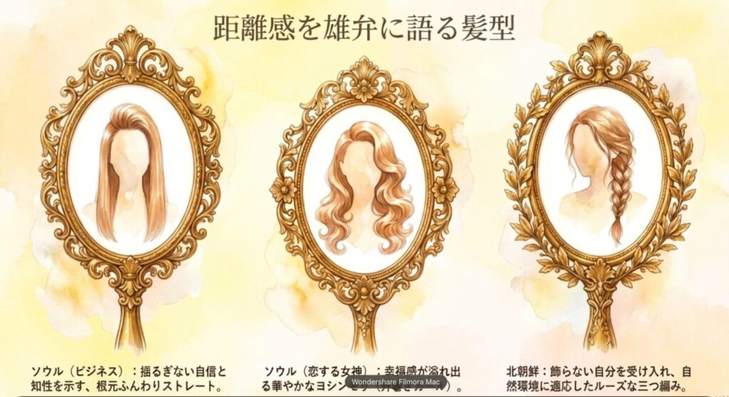 心理的距離感を示すヘアアレンジ ストレートヘアとヨシンモリ