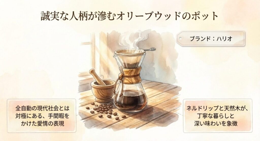 誠実な人柄が滲むハリオのオリーブウッドドリップポット