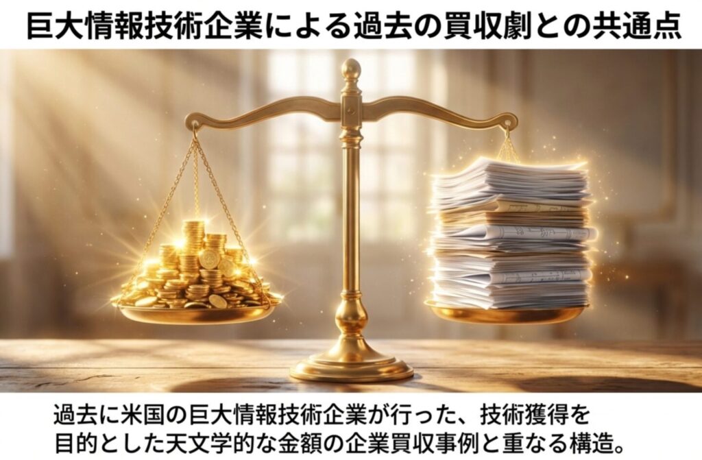 過去の巨大情報技術企業による技術獲得を目的とした買収劇のイメージ