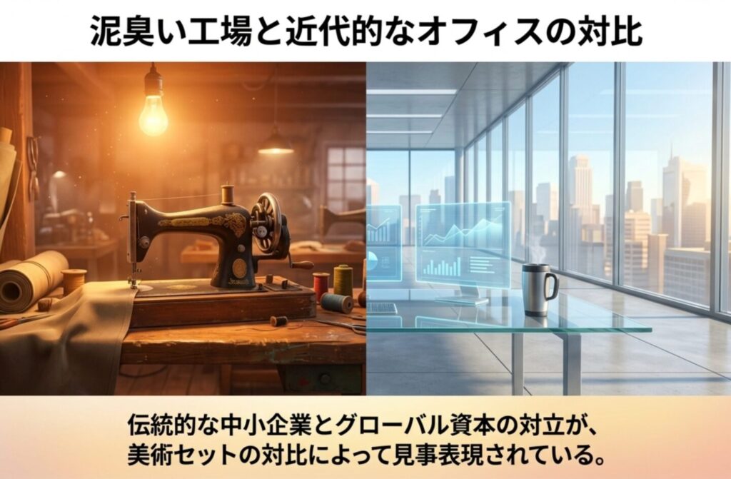 泥臭い伝統的な工場と近代的なオフィスの対比イメージ