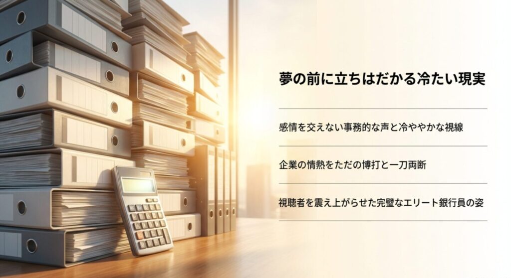 感情を交えない事務的な声と冷ややかな視線で融資を断る大橋のスライド