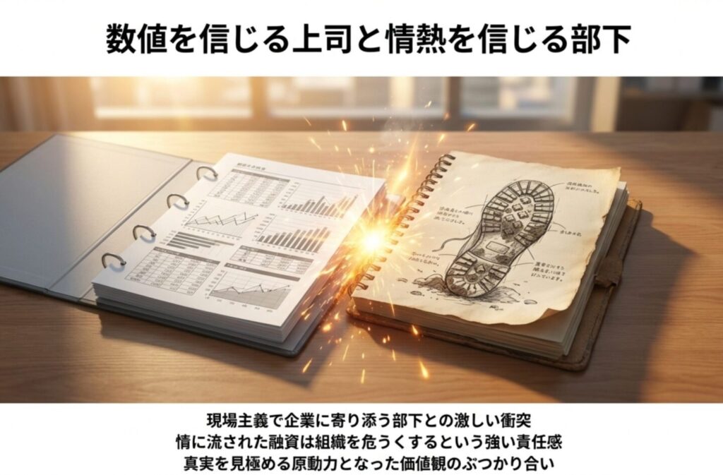 データ至上主義の大橋と現場主義の坂本の対立を描いたスライド