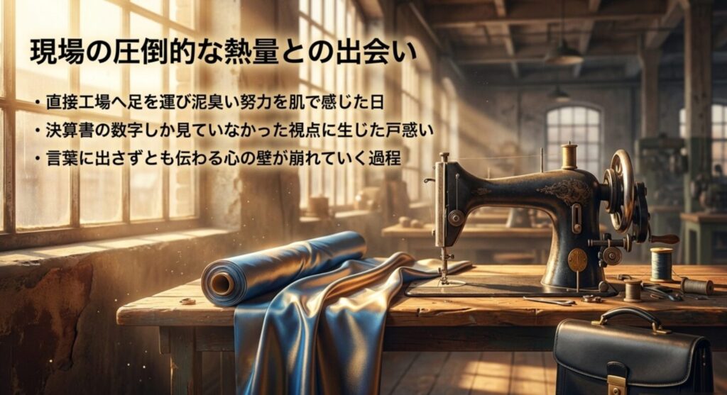 こはぜ屋の工場で現場の情熱に触れ視点が変化する大橋のスライド