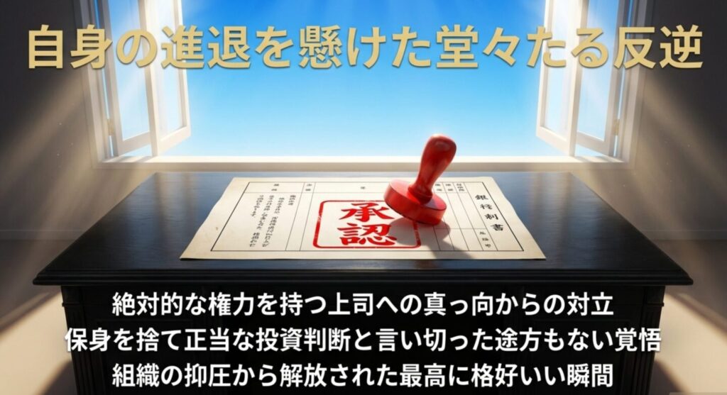 支店長に立ち向かいこはぜ屋への融資を主張する大橋のスライド