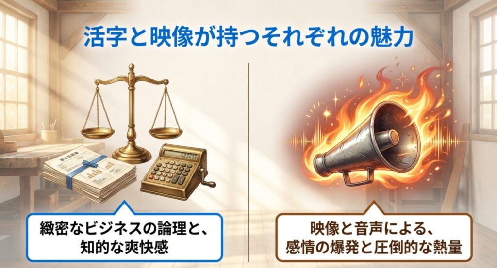 天秤と書類、計算機が置かれたビジネスのリアリティを表すイラスト