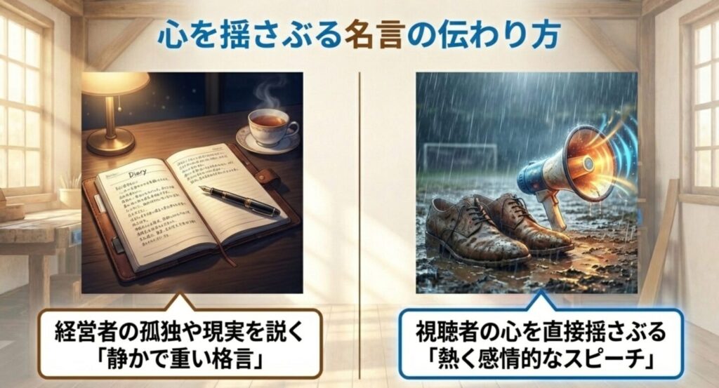 雨の中に置かれた泥だらけの靴とメガホン