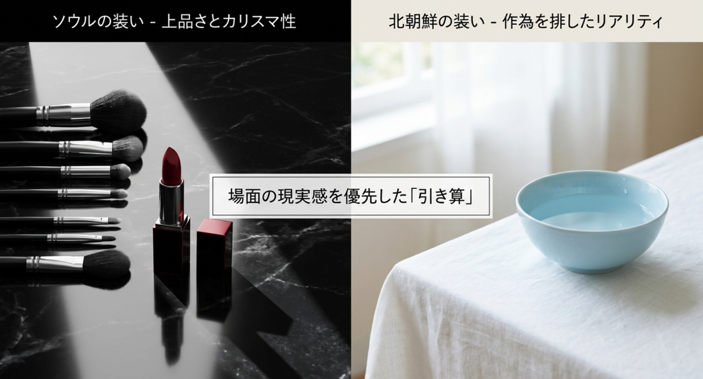 『愛の不時着』でソウルでは上品さとカリスマ性、北朝鮮では作為を抑えたリアリティを優先したセリのヘアメイクの違いを比較したスライド