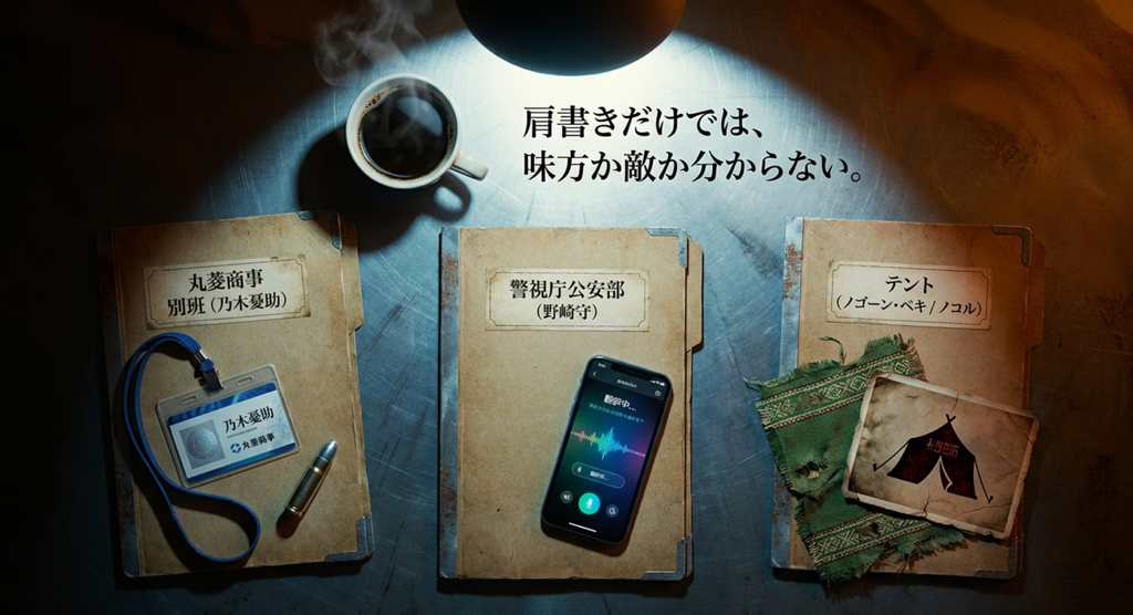 丸菱商事の別班、警視庁公安部、テントの三つの立場を資料ファイルで整理したスライド