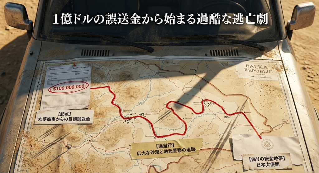 1億ドルの誤送金からバルカ共和国の砂漠逃亡、日本大使館へ至る流れを地図で示したスライド