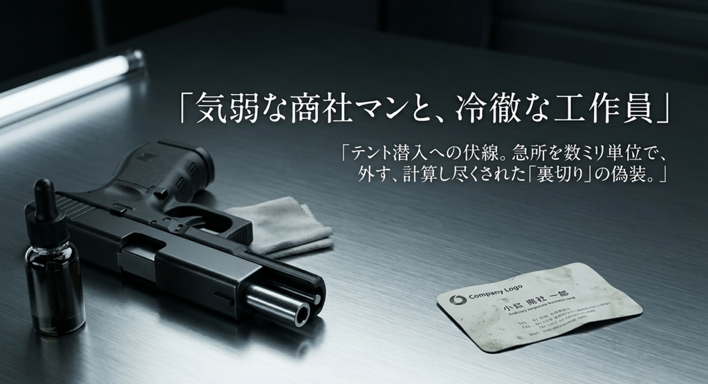 気弱な商社マンと冷徹な別班員という乃木憂助の二つの顔を表したスライド