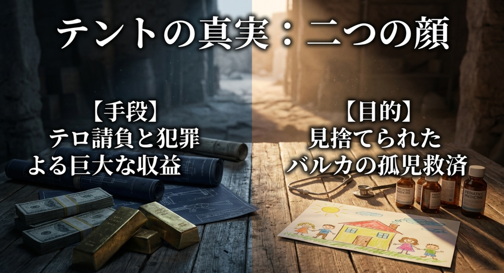 テントが犯罪やテロ請負で得た収益とバルカの孤児救済という二面性を示したスライド