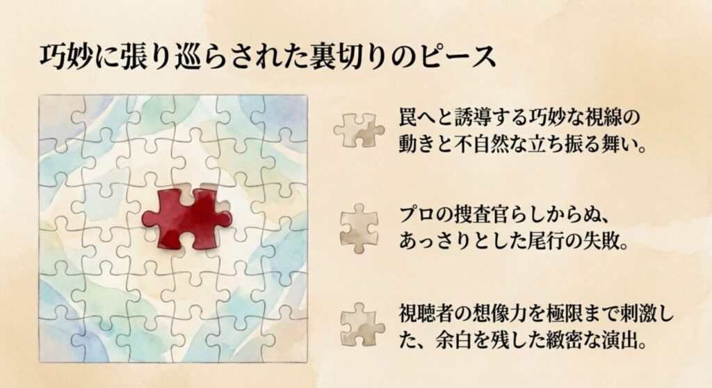 罠への誘導や尾行の失敗など、序盤から巧妙に張られていた伏線ピース