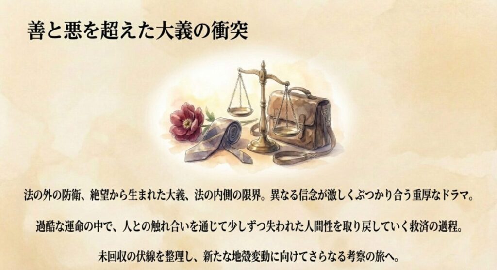 法の外の防衛や絶望からの大義など異なる信念がぶつかり合うドラマ