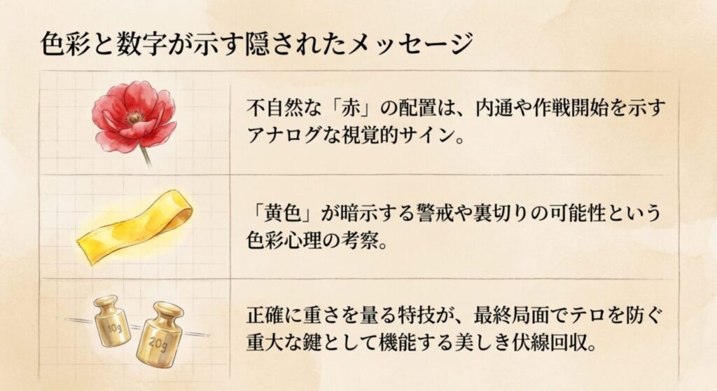 赤色や数字など、ドラマ内に散りばめられた暗号や伏線の数々