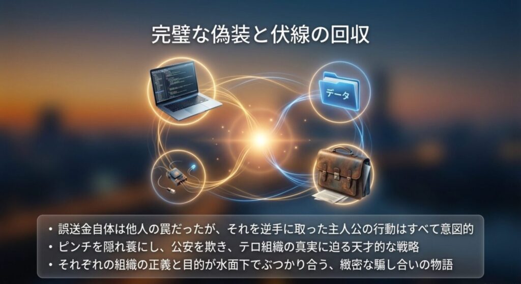 パソコンやデータ、盗聴器など全ての伏線が繋がるネットワーク図