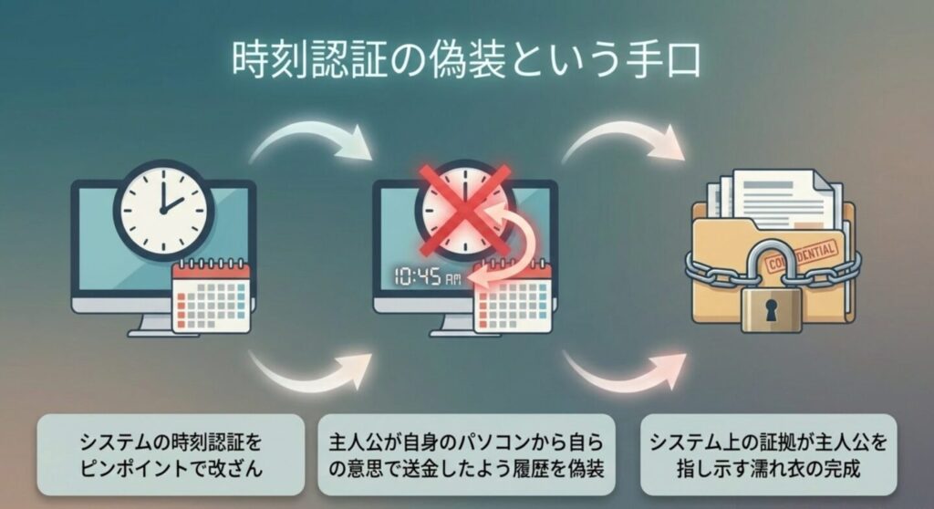 パソコンの時計の針が戻るタイムスタンプ改ざんのイメージ