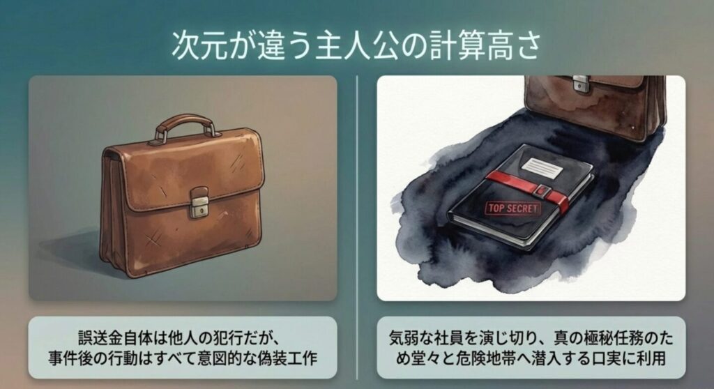 商社マンのビジネスバッグが極秘ファイルに変わるイメージ